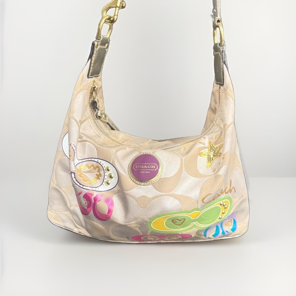 Y2K Coach F17586 Signature Hobo Bag Shoulder Purse Colorful Poppy Sateen